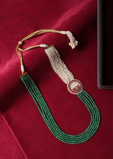 Green Long Mala In Mix Metal With Pearls And Meenakari Motif