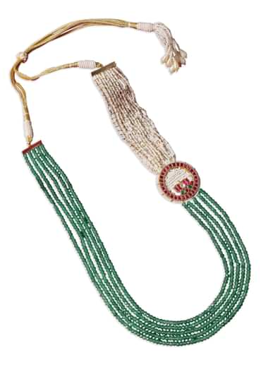Green Long Mala In Mix Metal With Pearls And Meenakari Motif