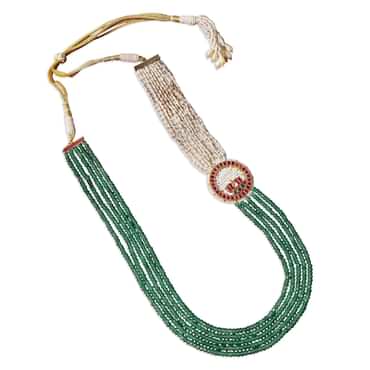 Green Long Mala In Mix Metal With Pearls And Meenakari Motif