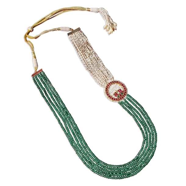 Green Long Mala In Mix Metal With Pearls And Meenakari Motif