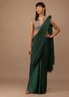 Deep Green Milano Satin Saree With V Neck Embroidered Crop Top