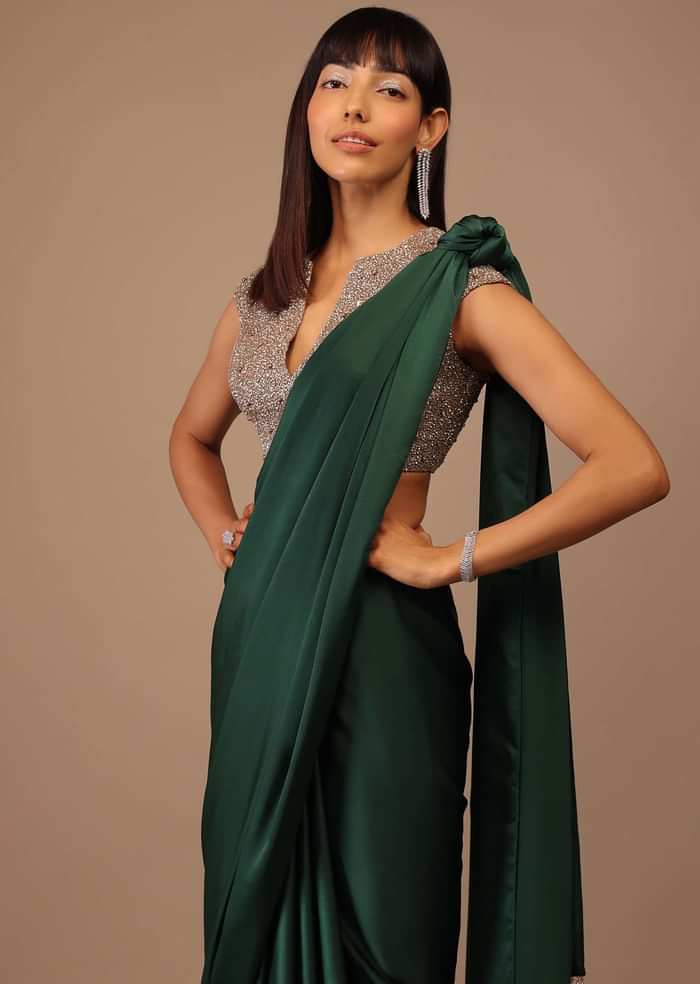 Deep Green Milano Satin Saree With V Neck Embroidered Crop Top