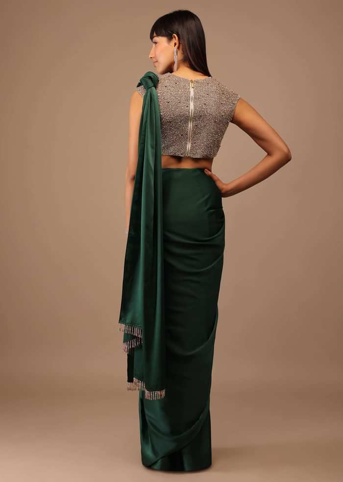 Deep Green Milano Satin Saree With V Neck Embroidered Crop Top
