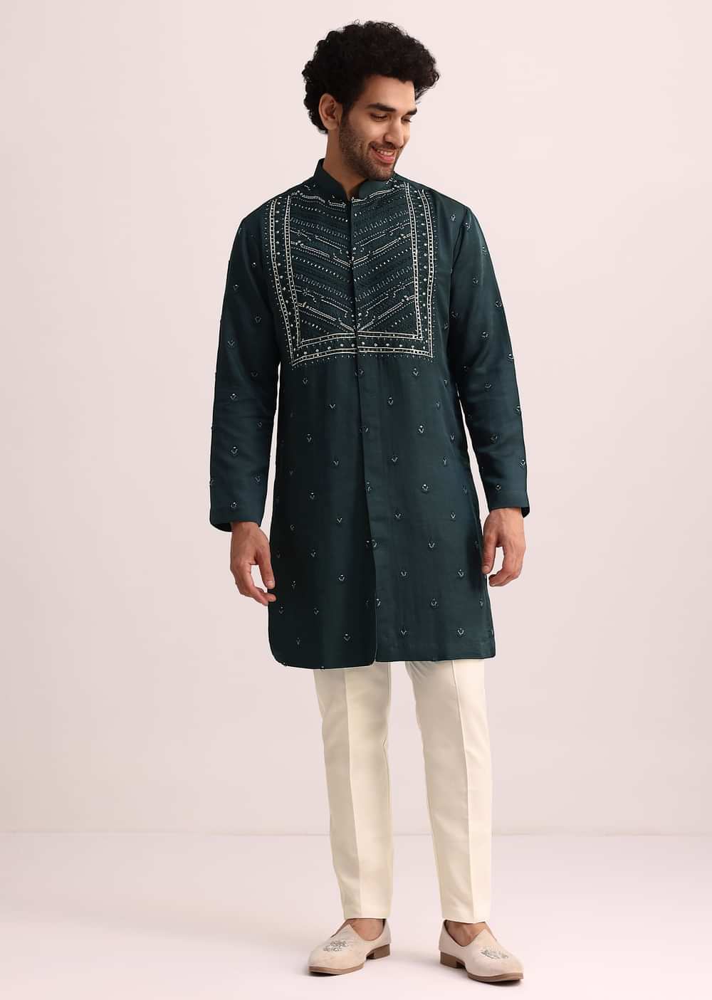 Green Mirror Embellished Kurta Set With Dupatta