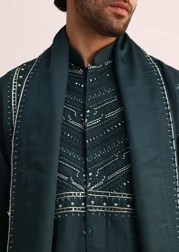 Green Mirror Embellished Kurta Set With Dupatta
