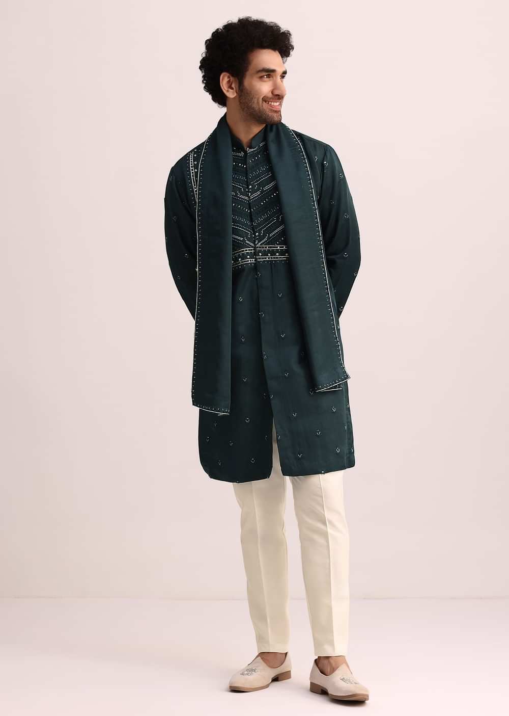 Green Mirror Embellished Kurta Set With Dupatta