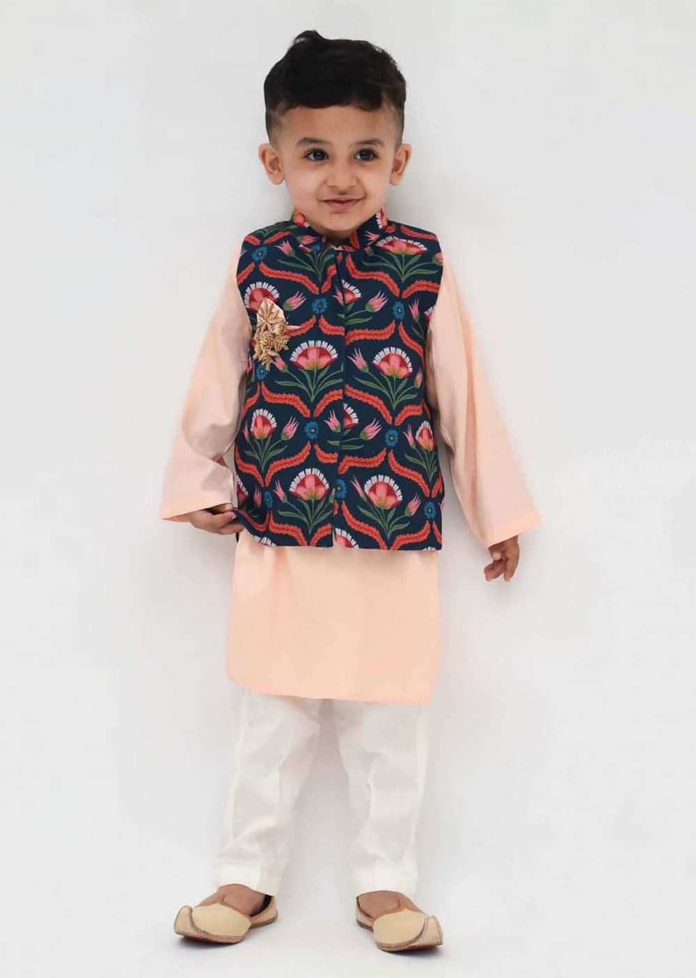 Kalki Boys Green Nehru Jacket And Peach Kurta Set In Cotton With Floral Print By Fayon Kids