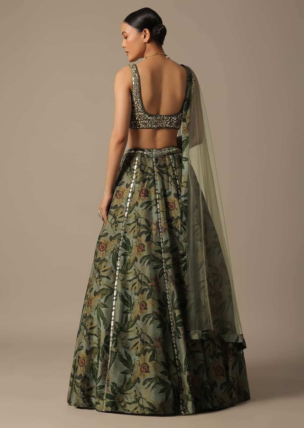 Green Net Lehenga Set With Foil Leather Work
