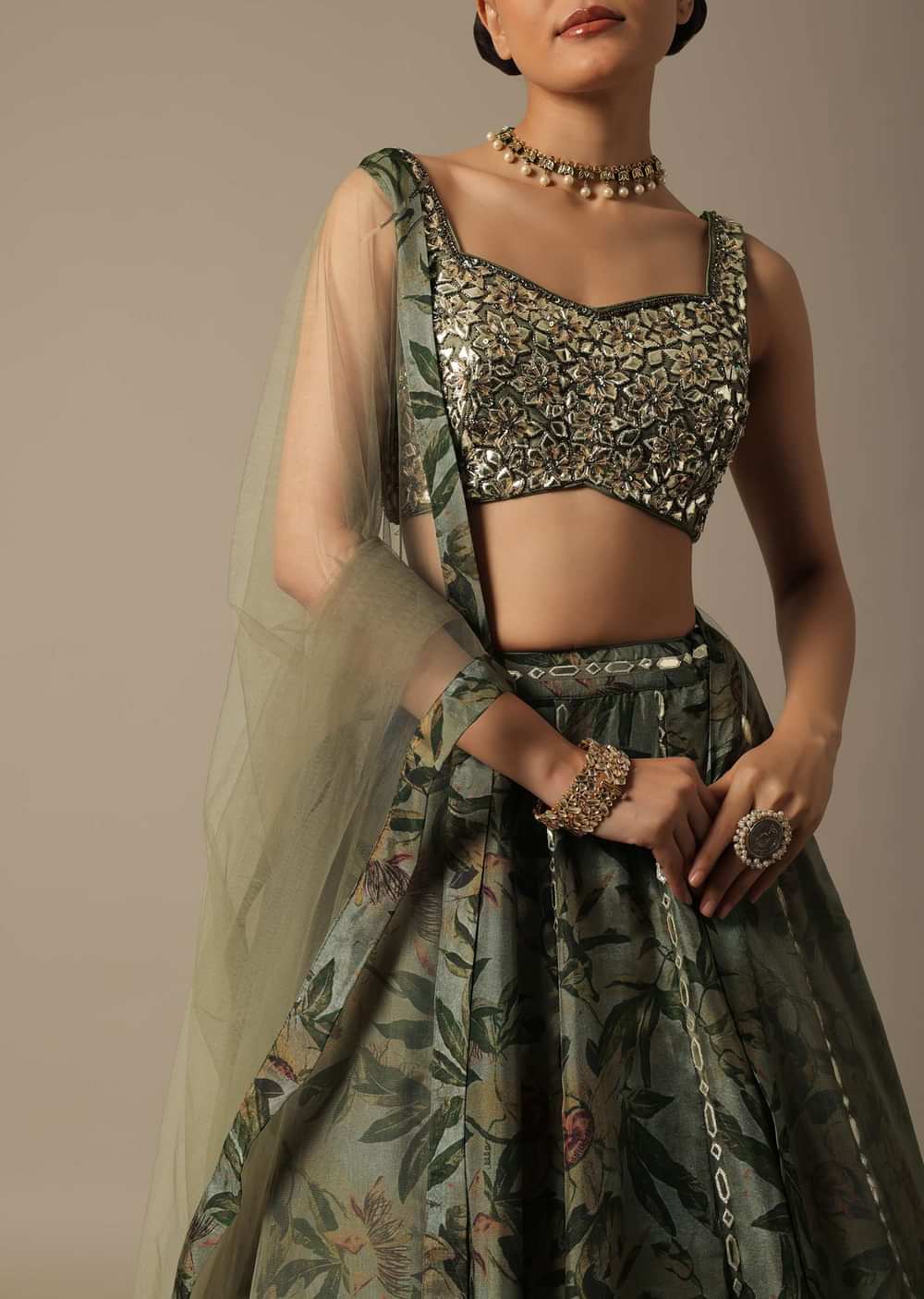 Green Net Lehenga Set With Foil Leather Work