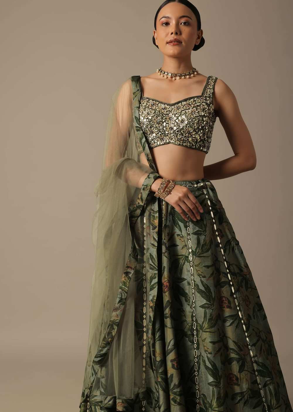Green Net Lehenga Set With Foil Leather Work