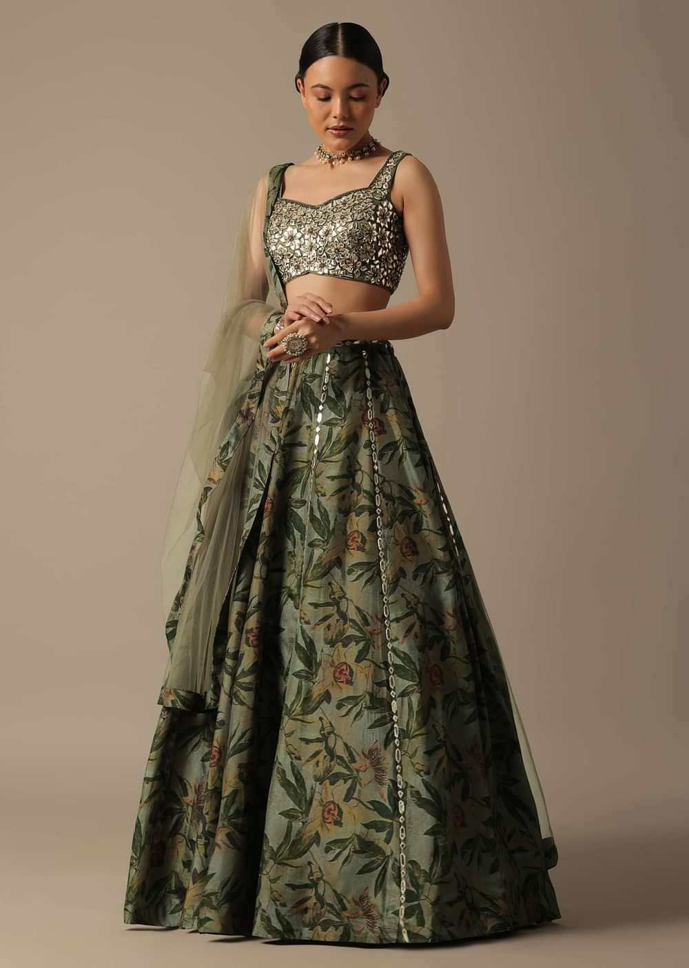 Green Net Lehenga Set With Foil Leather Work