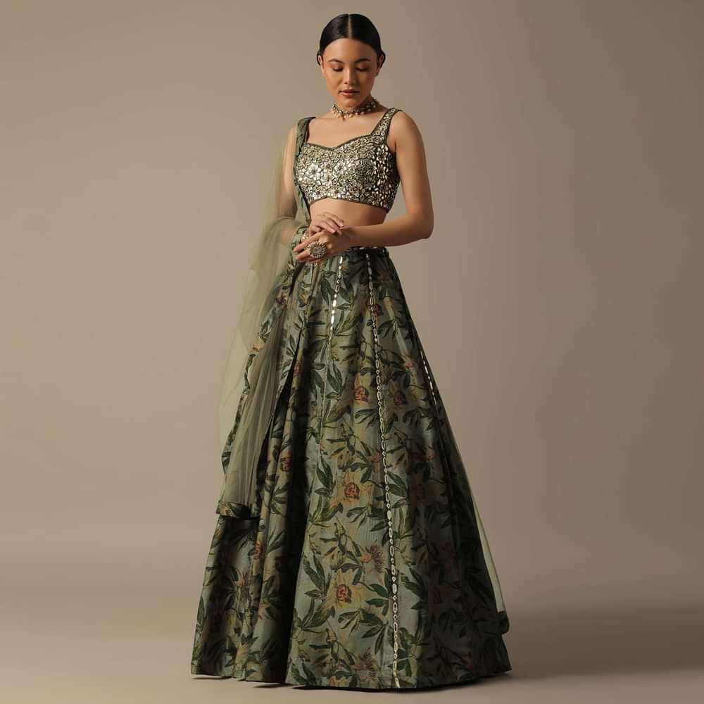 Green Net Lehenga Set With Foil Leather Work
