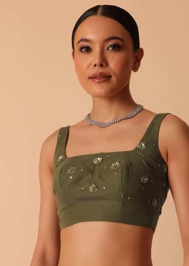 Green Net Saree With Sequin Work And Unstitched Blouse Piece