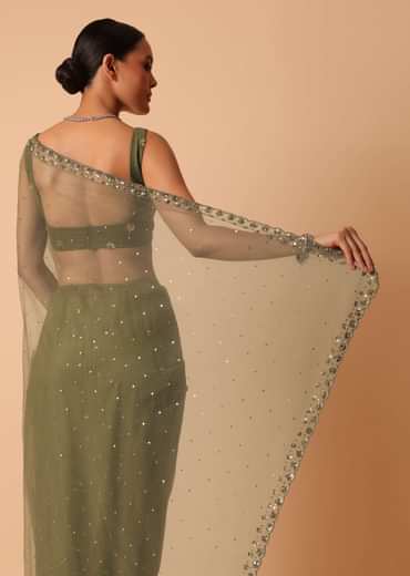Green Net Saree With Sequin Work And Unstitched Blouse Piece