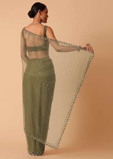 Green Net Saree With Sequin Work And Unstitched Blouse Piece