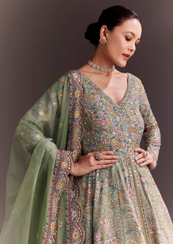 Green Ombre Embroidered Anarkali With Organza Dupatta Green Ombre Embroidered Anarkali With Organza Dupatta