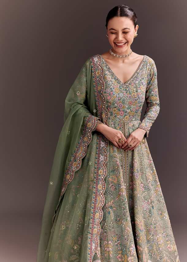 Green Ombre Embroidered Anarkali With Organza Dupatta Green Ombre Embroidered Anarkali With Organza Dupatta