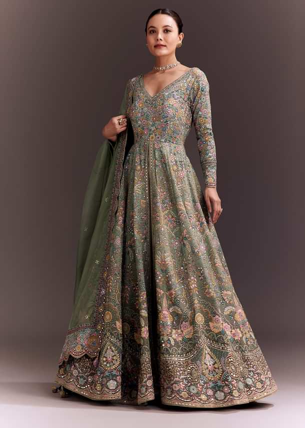 Green Ombre Embroidered Anarkali With Organza Dupatta Green Ombre Embroidered Anarkali With Organza Dupatta