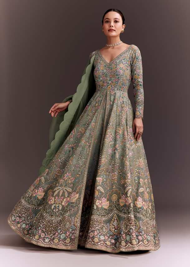 Green Ombre Embroidered Anarkali With Organza Dupatta Green Ombre Embroidered Anarkali With Organza Dupatta