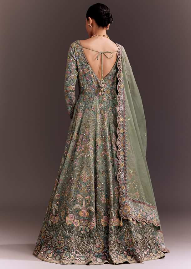 Green Ombre Embroidered Anarkali With Organza Dupatta Green Ombre Embroidered Anarkali With Organza Dupatta