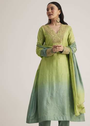 Green Ombre Embroidered Suit With Dupatta
