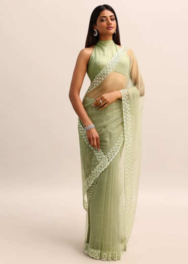 Green Organza Cutdana Saree With Unstitched Blouse