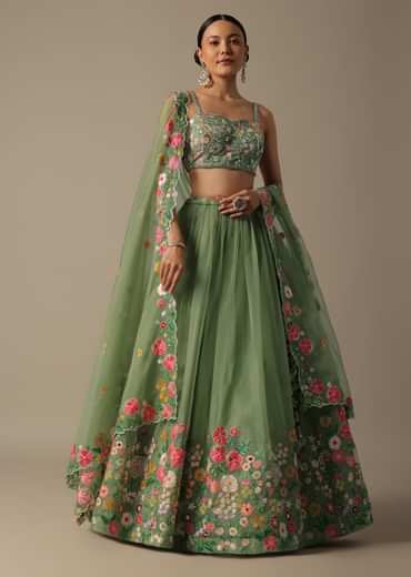Green Organza Embroidered Lehenga Set With Floral Motifs