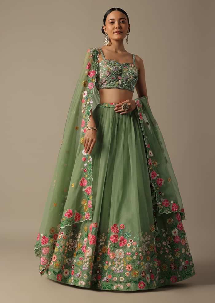 Green Organza Embroidered Lehenga Set With Floral Motifs