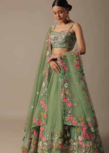 Green Organza Embroidered Lehenga Set With Floral Motifs