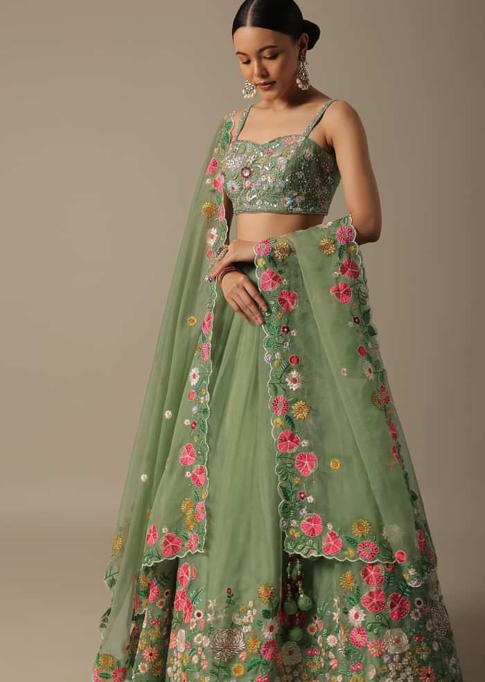 Green Organza Embroidered Lehenga Set With Floral Motifs