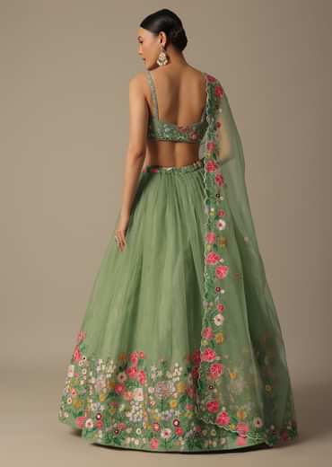 Green Organza Embroidered Lehenga Set With Floral Motifs