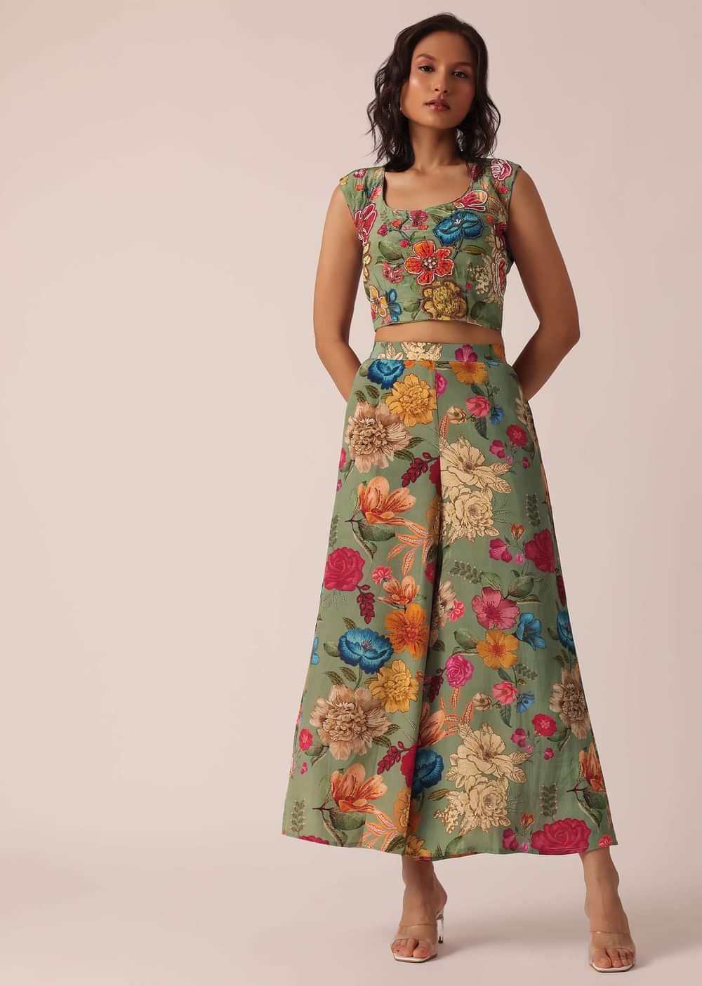 Green Organza Jacket And Palazzo Set