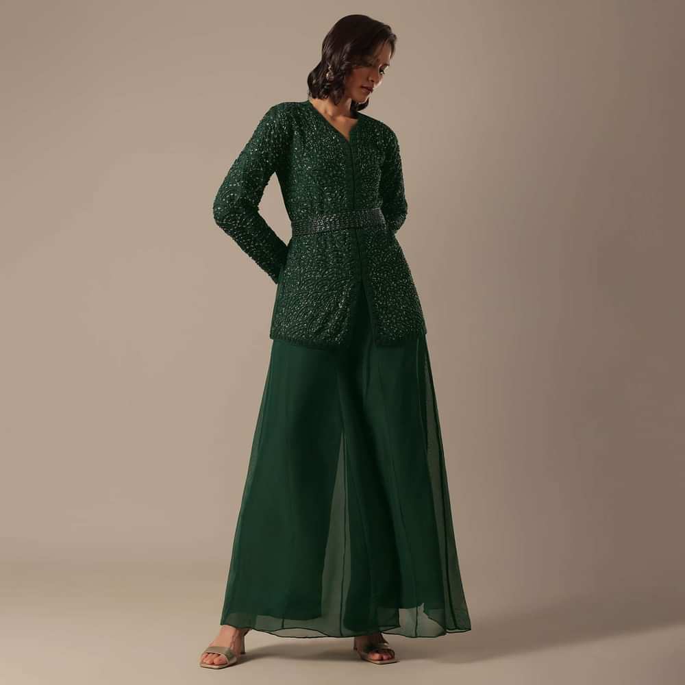 Green Organza Palazzo Set With Short Top And Belt