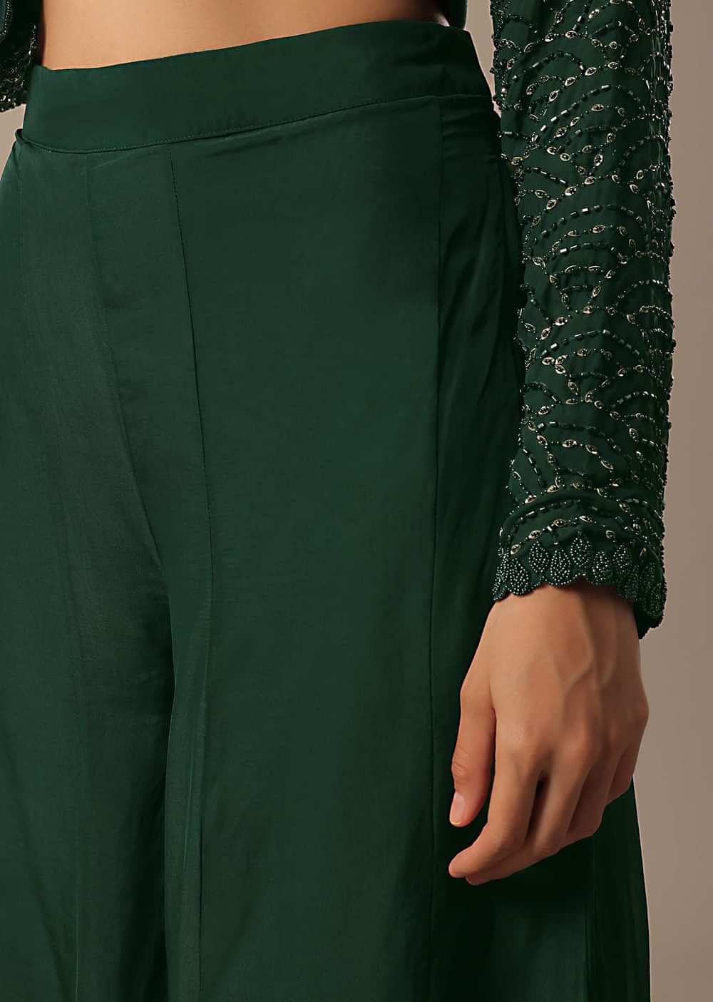 Green Organza Palazzo Set With Short Top And Belt