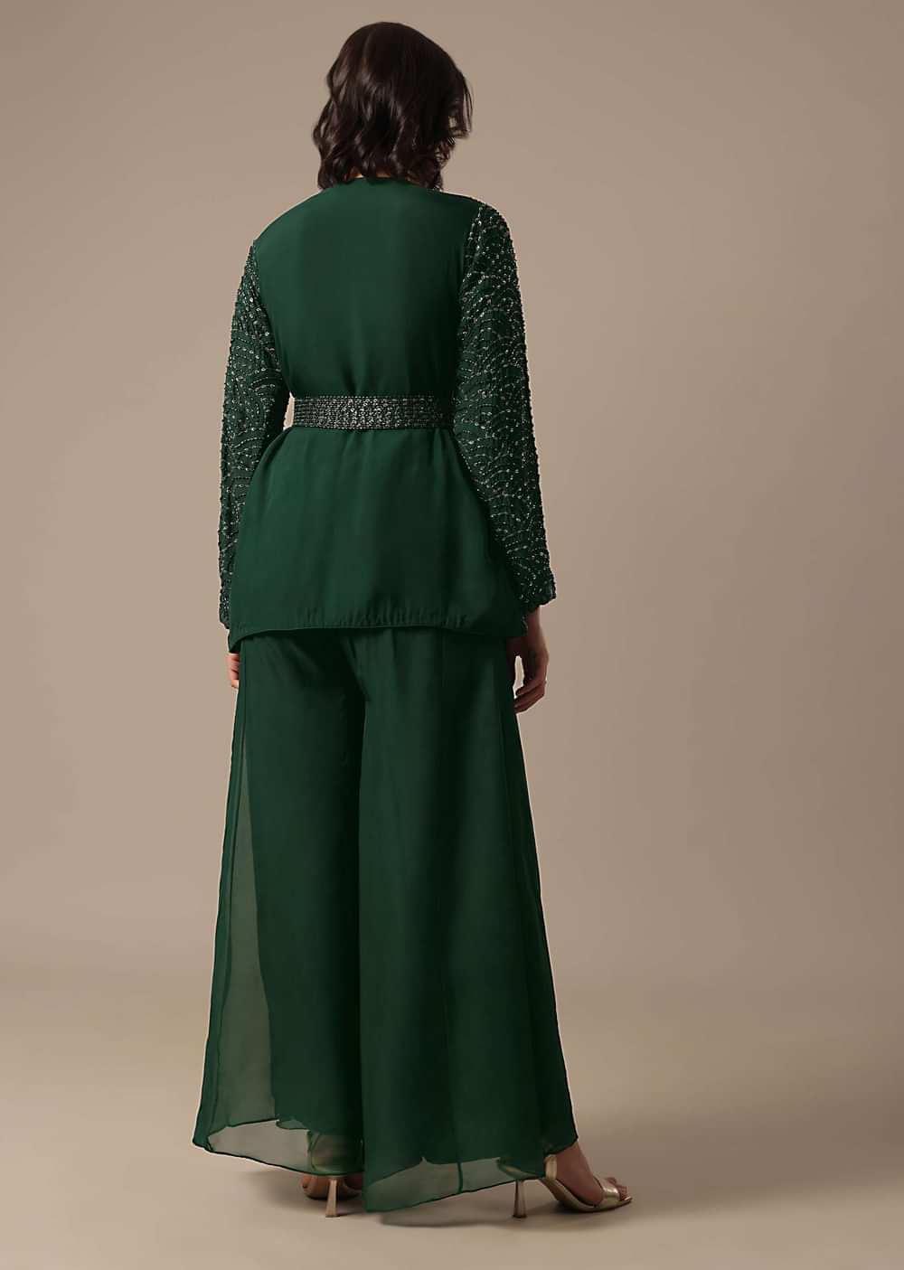Green Organza Palazzo Set With Short Top And Belt