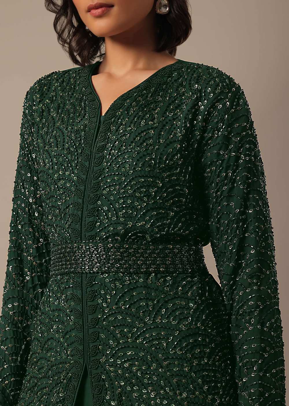 Green Organza Palazzo Set With Short Top And Belt