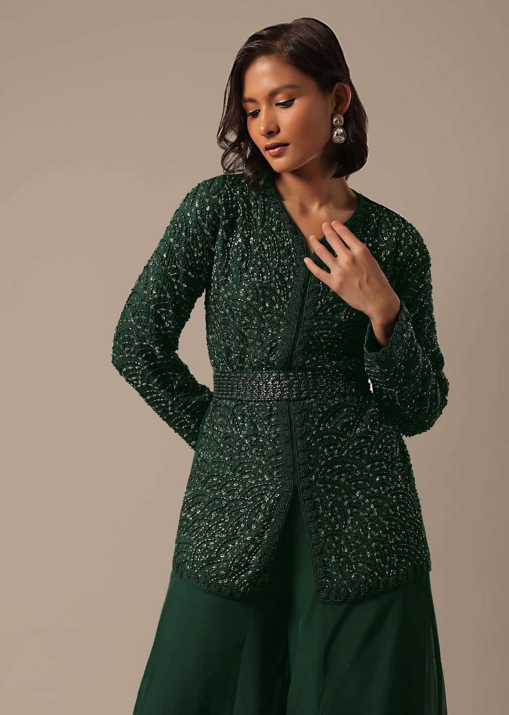 Green Organza Palazzo Set With Short Top And Belt