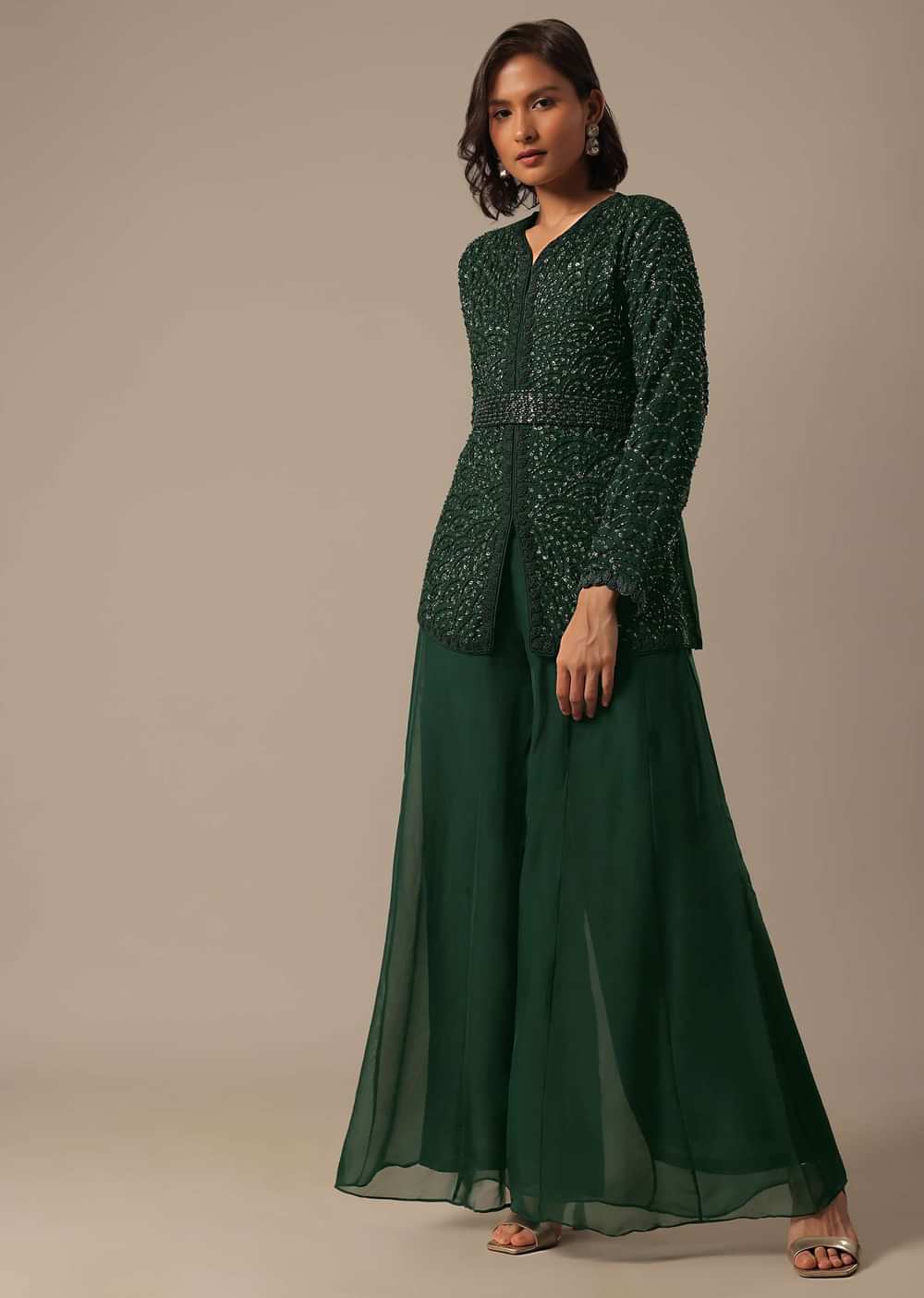 Green Organza Palazzo Set With Short Top And Belt