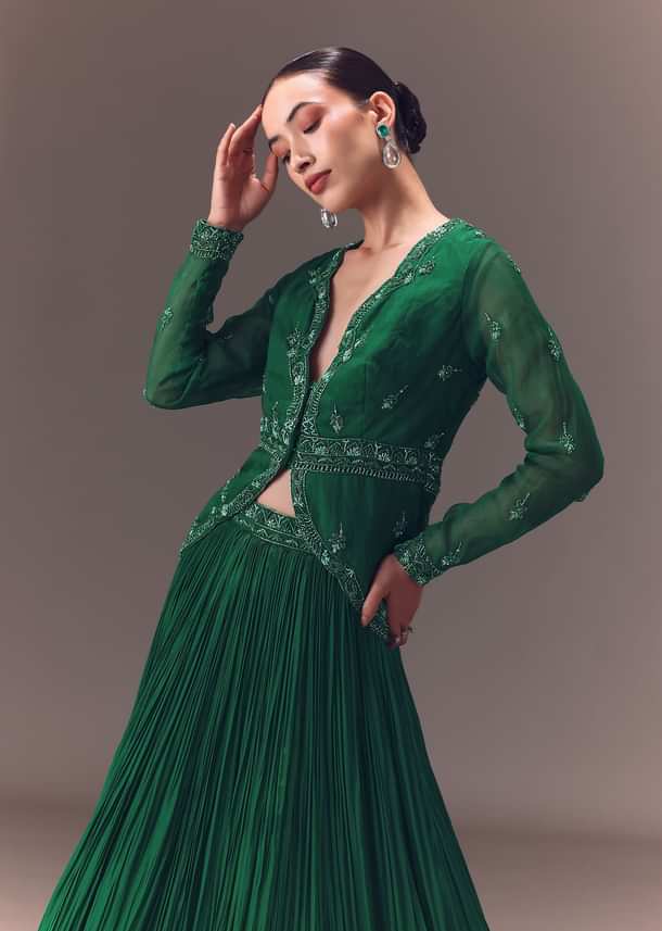 Green Organza Ruched Lehenga With Hand Embellished Jacket