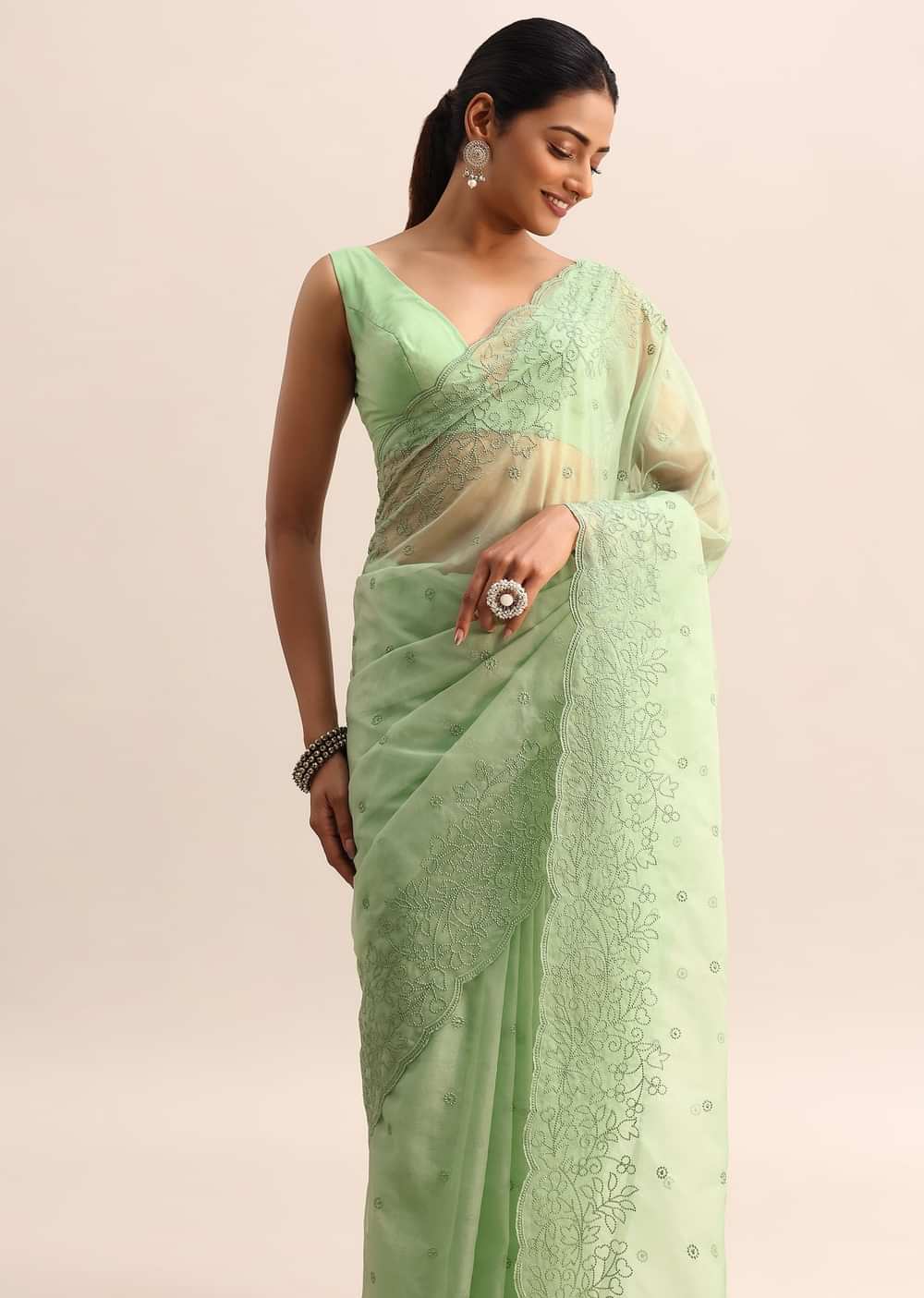 Green Organza Saree With Floral Thread Work Border And Unstitched Blouse