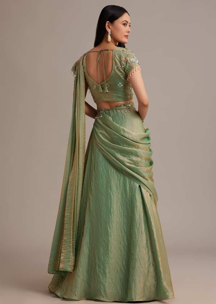 Green Organza Tissue Lehenga Set With Sequins And Bead Work