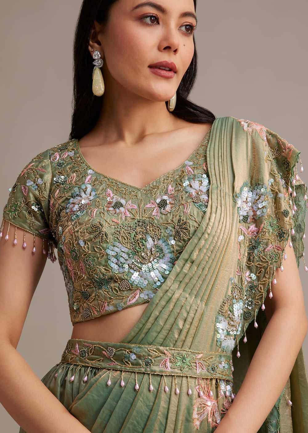 Green Organza Tissue Lehenga Set With Sequins And Bead Work