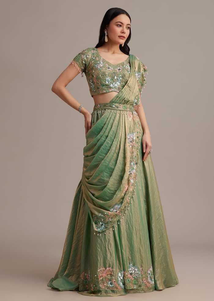Green Organza Tissue Lehenga Set With Sequins And Bead Work
