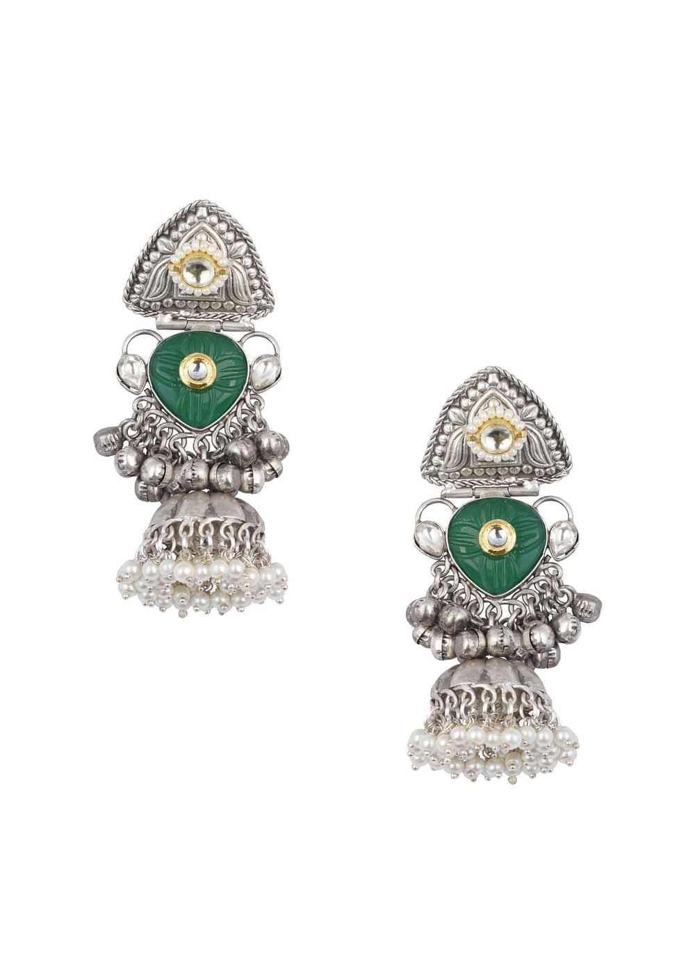 Green Oxidsed Jhumkas With Meenakari Work