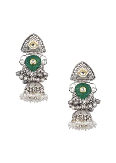 Green Oxidsed Jhumkas With Meenakari Work