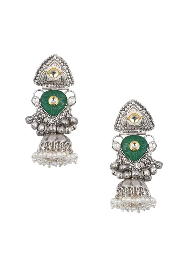 Green Oxidsed Jhumkas With Meenakari Work