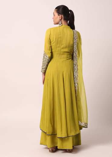 Green Palazzo Set With Embroidered Anarkali