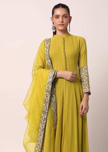 Green Palazzo Set With Embroidered Anarkali