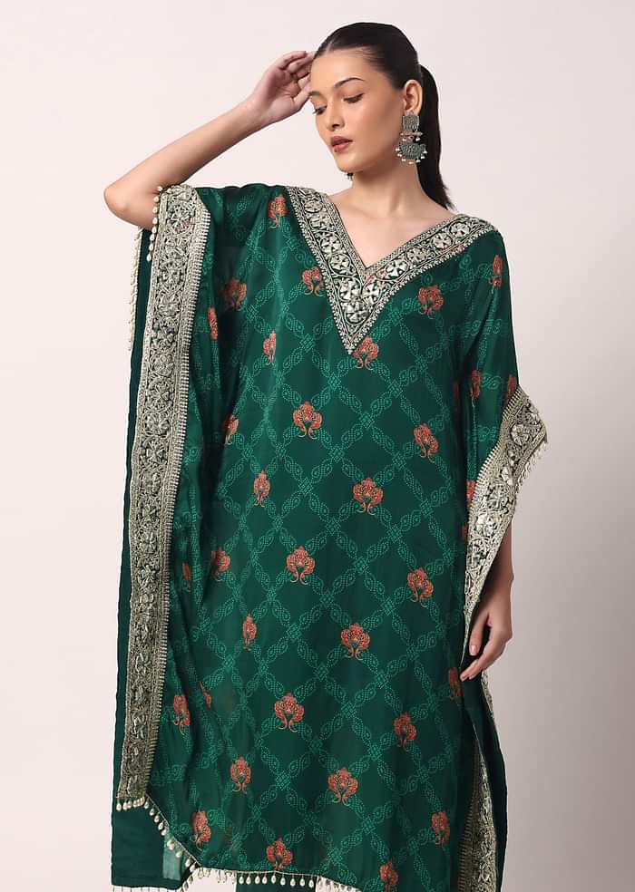 Green Pant Set With Gota Embroidered Kaftan Kurta