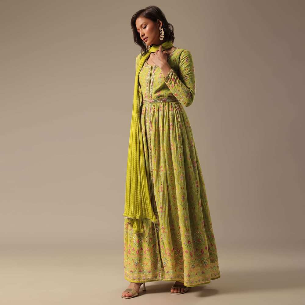 Green Pant Set With Sequin Work Kurta
